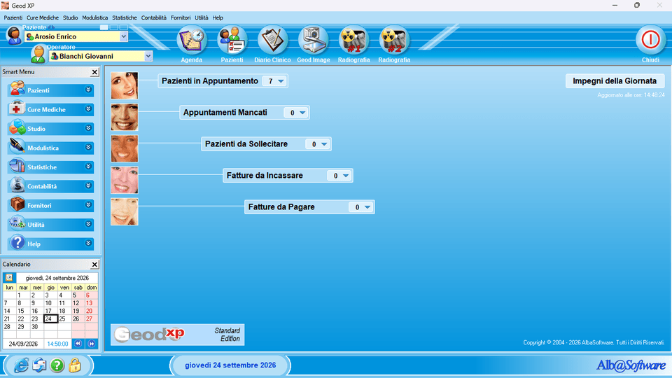 Desktop di lavoro di Geod XP: agenda e menu delle funzioni
